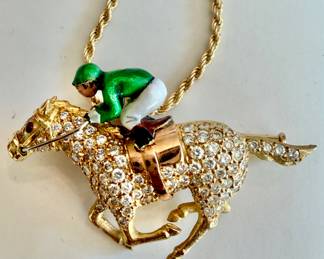 WE HAVE 2 DIFFERENT SIZES.  VINTAGE ART DECO JOCKEY ON RACE HORSE 18K GOLD PAVE DIAMOND BROOCH, RUBY EYES, ENAMEL JOCKEY.