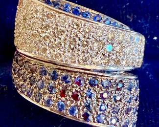 14K GOLD PAVE DIAMOND AND SAPPHIRE COCKTAIL RING.