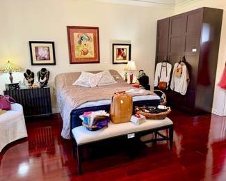 MASTER BEDROOM.  WOMEN'S CLOTHING L-XL.  EILEEN FISHER, VINCE CAMUTO, FLAX, CHICO'S,COLDWATER CREEK, ETC.  VARIETY OF HANDBAGS INCLUDING TORY BURCH, COACH, VINCE CAMUTO, GUCCI.  SHOE SIZES 6-7.5 EILEEN FISHER, LL BEAN, DOC MARTENS, VIONIC, NIKE.