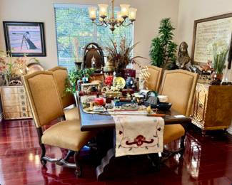 ROOM BY ROOM OVERVIEW. DINING ROOM WITH SOLID TRESTLE TABLE, 6 CHAIRS FULL OF CHINOISERIE, CLOISONNE, SOAPSTONE, ENAMELWARE, AND MORE.