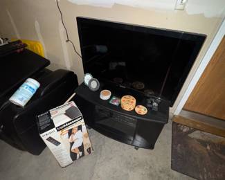 Non smart TV, tv stand, and coasters