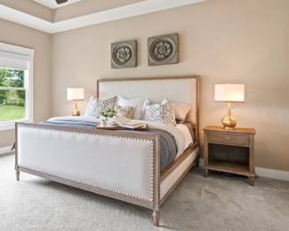 Restoration Hardware Maison Fabric Panel Bed with Footboard. Crafted of hardwood and richly upholstered, each piece is carefully distressed using a hand-applied multistep process to achieve the look of a weathered antique. The tapered, slightly turned legs are fluted, a reference to Classic columns.