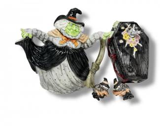 94 FitzFloydHalloweenTeapotCoffinDishSpiderFigurinesLot