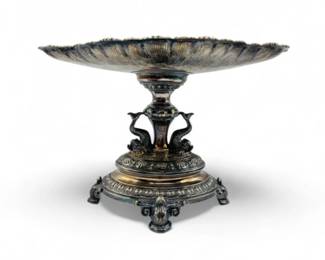 22 AntiqueSilverPlateFootedTazzaScrollworkBasewFishMotif