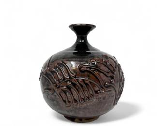 32 SignedStudioPotteryVasewRaisedDesignBrownBlackGlaze