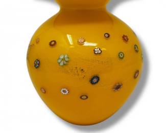 21 YellowMillefioriStyleArtGlassVasewithBlueRim