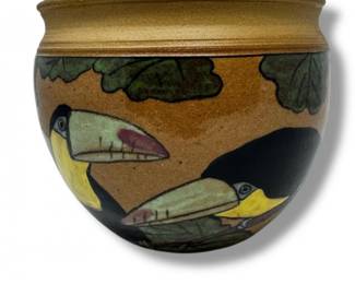 54 HandcraftedPotteryVasewPaintedToucansLeavesSignedDLA