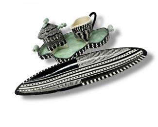 62 SignedWhimsicalBlackWhitePotteryTeaSetPlatter