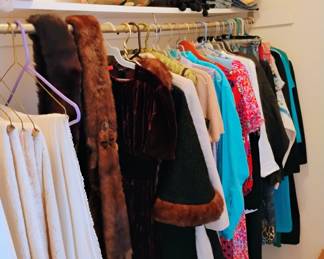 vintage clothing and mink coat, table clothes