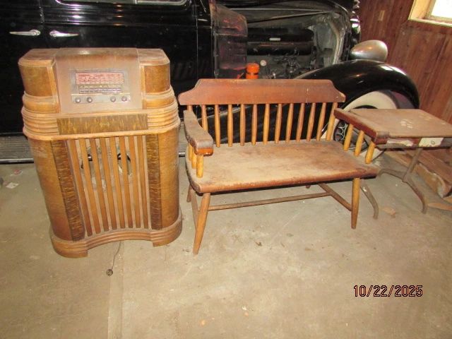 Radio, wooden bench, desk