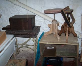 OLD PIANO STOOLS & OLD SEWING MACHINE CABINET