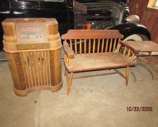 Radio, wooden bench, desk