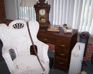 ANOTHER WICKER CHAIR, DECO DESK & NEWER CLOCK