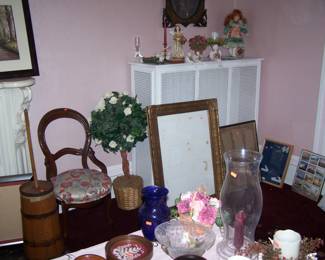 WOODEN CHURN, VICTORIAN SIDE CHAIR, FRAMES & MISC.