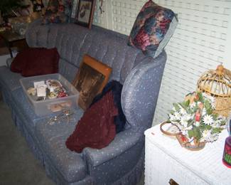 OLDER SOFA & WHITE WICKER CHEST