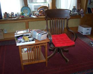 ANTIQUE OFFICE CHAIR, SMALL STAND, DVDs & MORE