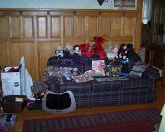 THREE CUSHION SOFA, STUFFED ANIMALS & MISC.
