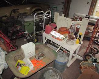 wheelbarrow, child picnic table, walkers, dolly, misc garage items