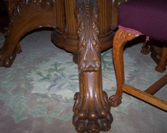 Detail of oak dining table leg--NO LONGER PART OF THE SALE. REMOVED BY THE EXECUTRIX.