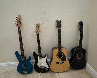 Acoustic guitars $100/each, Electric Base Guitar $100, Electric Guitar $100