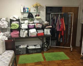 Spa towels, Linens, Bedding, lotions, shower curtain, scarves, Minny Mouse headband, Darth Vader mask