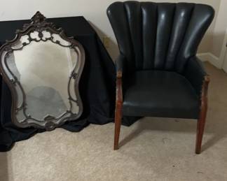 Vintage Black Leatherlike Chair And Decorative Mirror