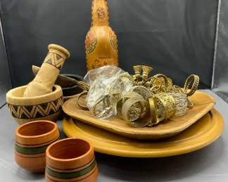 Leather Wrapped Panama Bottle, Mortar And Pestle Set, Various Wooden Dishes And Napkin Rings