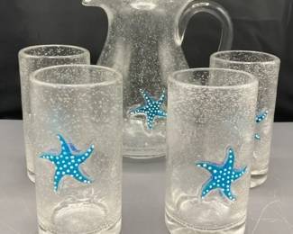 Beach Themed Bubble Glass Starfish Pitcher And Set Of Four Glasses