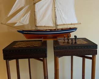Two 2 New Chess Game Set on Folding Stand 28 H With Model Ship 37 L X 33 H
