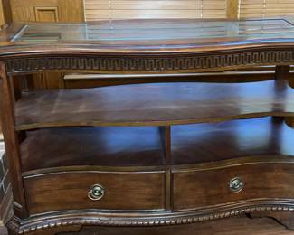 Wooden TV Stand With Glass Top, Shelves And Two Drawers