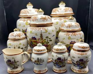 Vintage Made In Japan Ginger Jar Set With Creamer And Salt Pepper Shakers