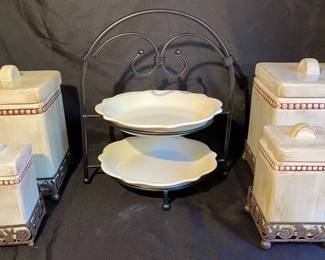 Two Tiered Ceramic And Metal Serving Dish, Set Of 4 Ceramic And Metal Canisters