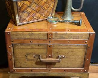 Magnifying Glass, Bugle, Woven Box, Trunklike Side Table With Single Drawer