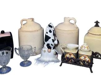 Eclectic Collectibles Stoneware, Tuscan Pottery, Pet Canister, and a Gnome 
