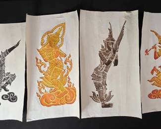  04 Stunning Vintage HandColored Thai Temple Rubbings on Rice Paper  Valuable Mythological Collection