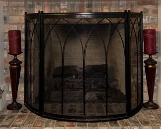 Complete Fireplace Hearth Decor and Tool Set Screen, Tools, Bellows, and Candlesticks