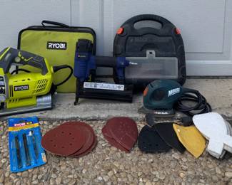 3 Power Tools Ryobi Jigsaw, Black Decker Mouse Sander, and Campbell Hausfeld Brad Nailer