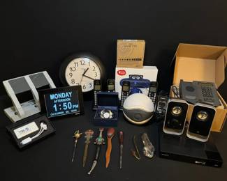 Tech Treasure Mixed Lot of Speakers, Electronics, Clocks, Phones, and Collectible Letter Openers