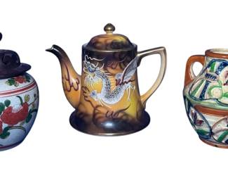 Asian Collectibles Trio Moriye Dragonware, Kutani Style Ginger, Majolica Style Vase 