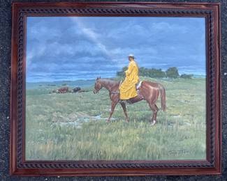 Framed Original Oil on Canvas of Cowboy at Pasture Signed John D. Free (19"H x 23"W)