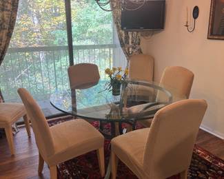 Kitchenette Collection - Round Glass Top with Metal Base Kitchen Table (52"D x 29-1/2"H)  & Mitchell Gold Upholstered Side Chairs (6 Available)