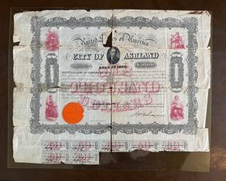 Antique City of Ashland One Thousand Dollars Stock Certificate (1857 Signed J.A. Johnson)