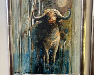 Framed Original Oil on Canvas of Water Buffalo Signed by Christina Botha (South Africa) (34"W x 39"H)