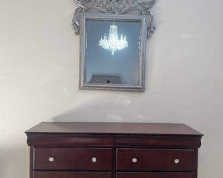 8 Drawer Brown Dresser (61"W x 19"D x 35-1/2"H) with Antique Rococo-Style Mirror (54"H x 36"W)