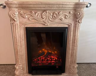 LuxenHome Off-White PolyStone Electric Fireplace Heater Mantel (33"W x 13"D x 37"H)