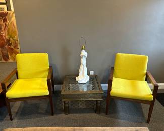 Pair of Jens risom chairs professionally restored and recovered in citrus yellow green maharam wool