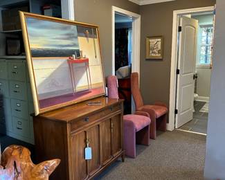 Mid-century modern chest, sculptural pink postmodern chairs, surrealist original art by DC artist