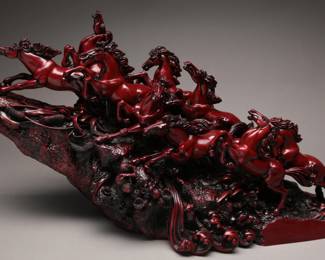 Red Resin Sculpture of Nine Running Horses