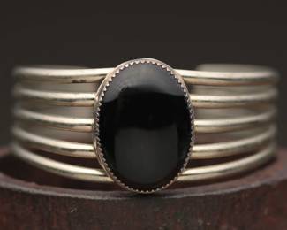 Silver Tone Cuff Bracelet With Black Onyx