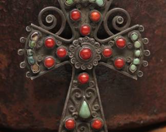 .925 Silver Cross, Turquoise & Coral, 13.78g